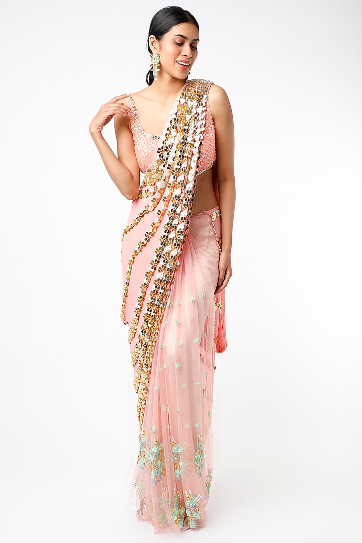 Peach Embroidered Pre-Stitched Saree Set by Papa Don't Preach by Shubhika