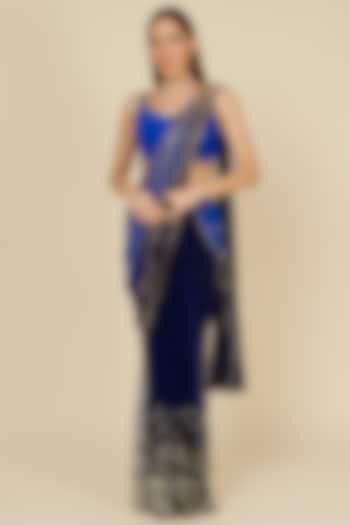 Electric Blue Embellished Pre-Stitched Reception Saree Set by Papa Don't Preach by Shubhika at Pernia's Pop Up Shop