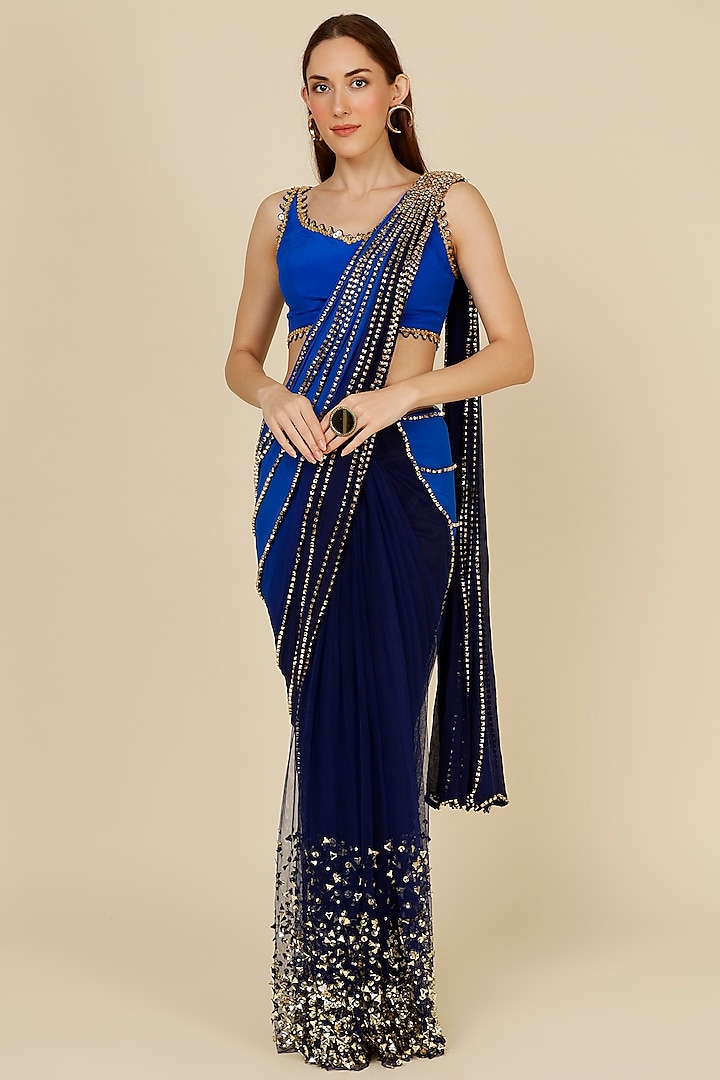 Electric Blue Embellished Pre-Stitched Reception Saree Set by Papa Don't Preach by Shubhika at Pernia's Pop Up Shop