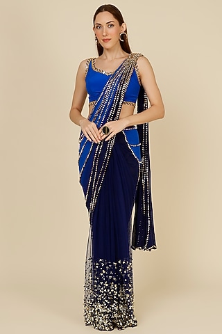 Electric Blue Embellished Pre-Stitched Saree Set by Papa Don't Preach by Shubhika