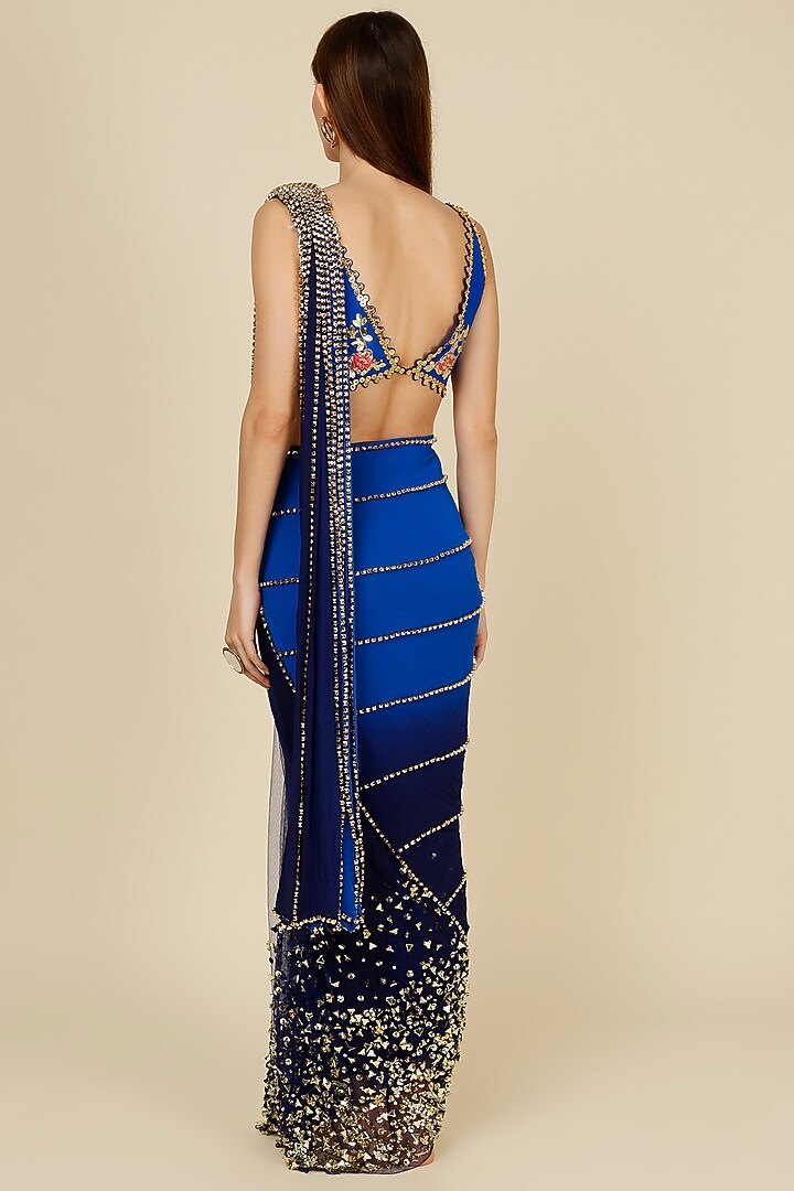 Electric Blue Embellished Pre-Stitched Reception Saree Set by Papa Don't Preach by Shubhika at Pernia's Pop Up Shop