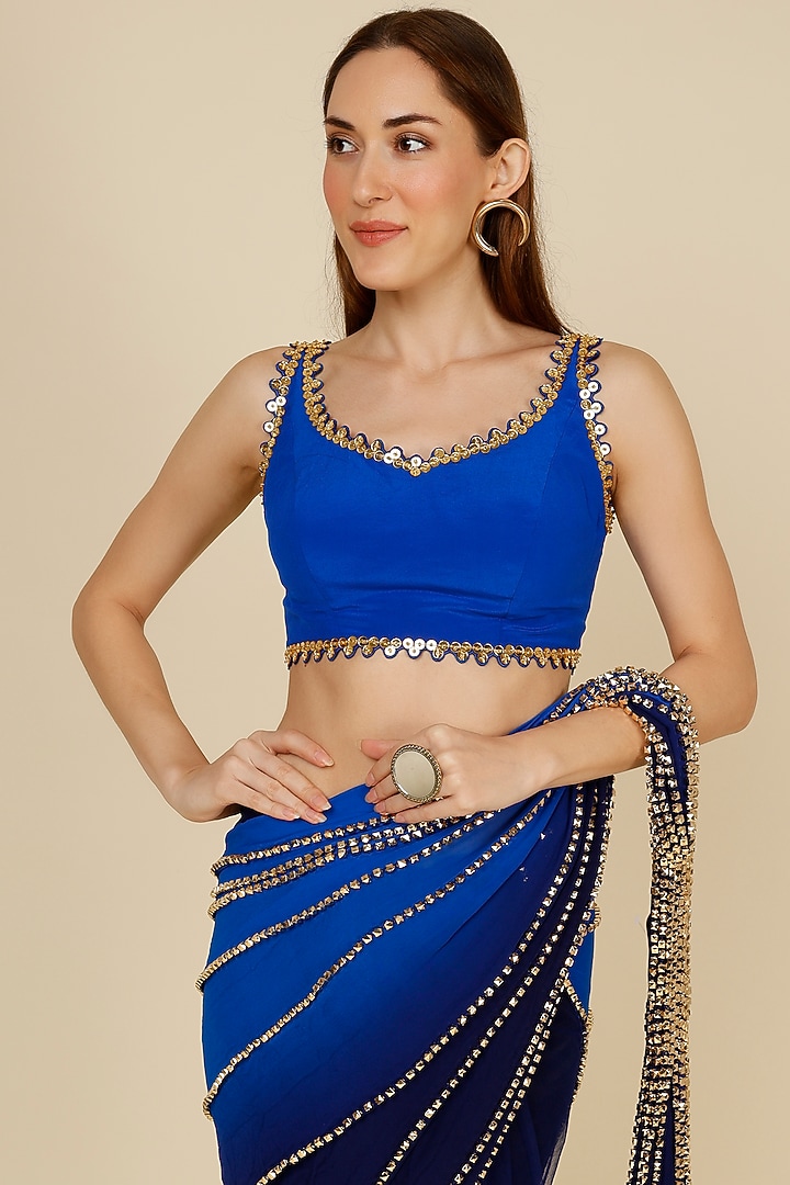 Electric Blue Embellished Pre-Stitched Reception Saree Set by Papa Don't Preach by Shubhika at Pernia's Pop Up Shop