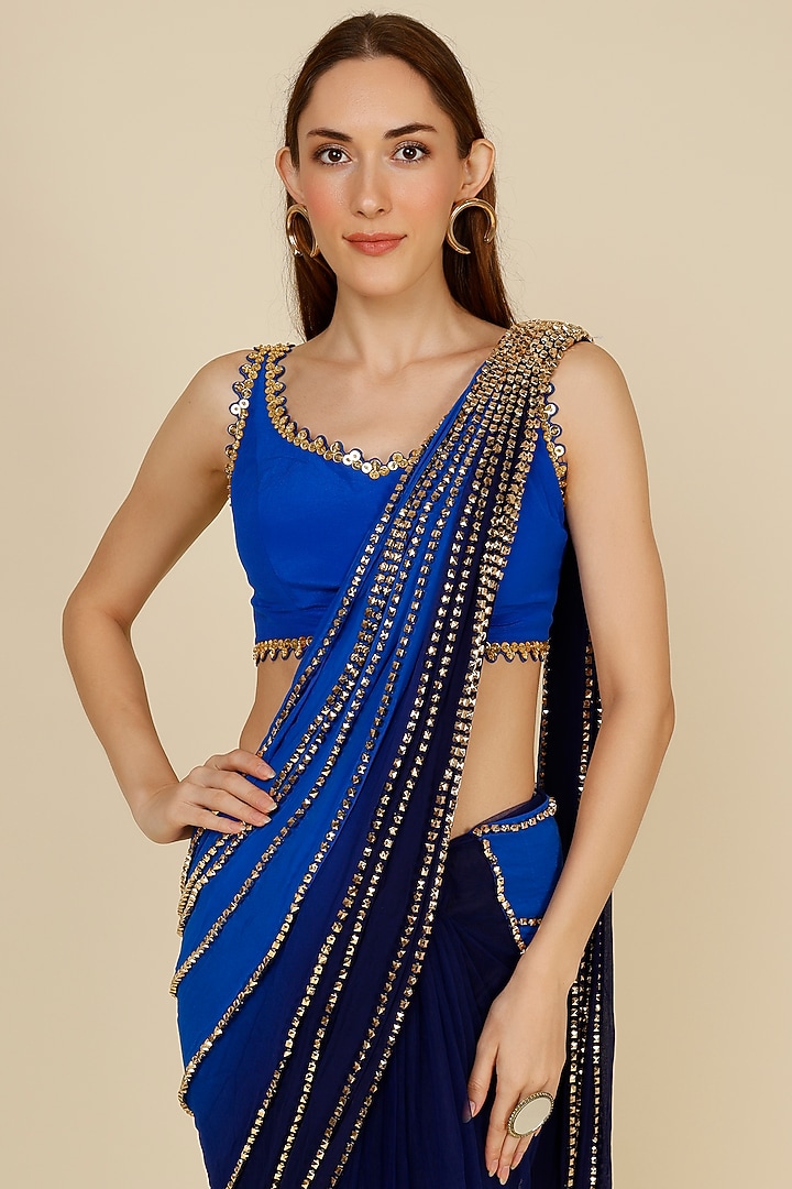 Electric Blue Embellished Pre-Stitched Reception Saree Set by Papa Don't Preach by Shubhika at Pernia's Pop Up Shop