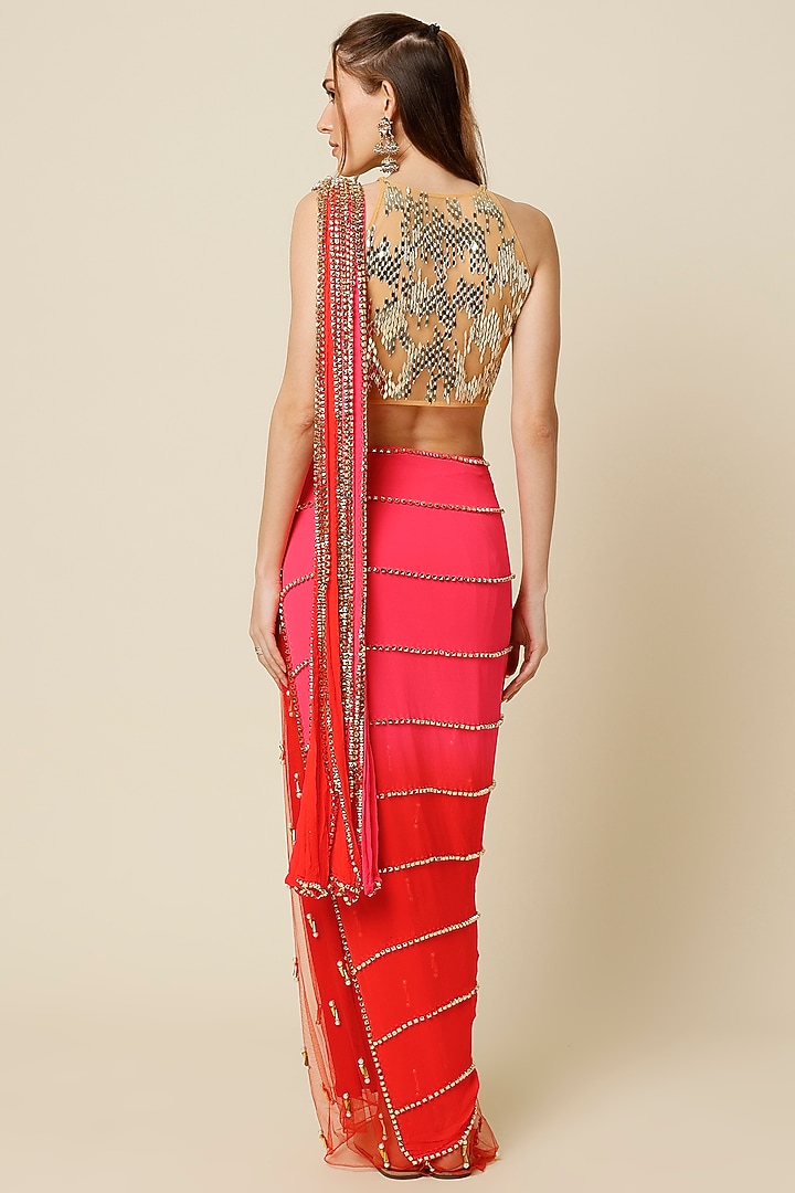 Multi-Colored Embroidered Pre-Stitched Reception Saree Set by Papa Don't Preach by Shubhika at Pernia's Pop Up Shop