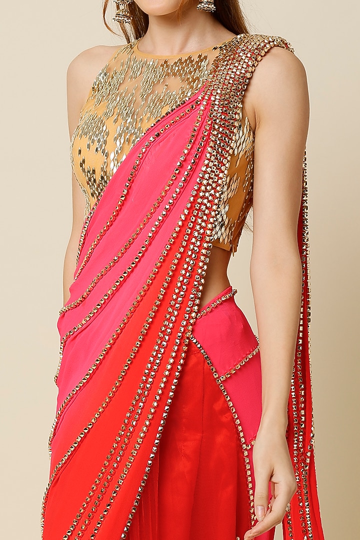 Multi-Colored Embroidered Pre-Stitched Reception Saree Set by Papa Don't Preach by Shubhika at Pernia's Pop Up Shop