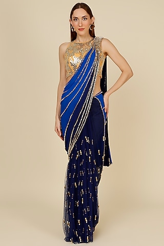 Electric Blue Pre-Stitched Saree Set With Embellishment by Papa Don't Preach by Shubhika