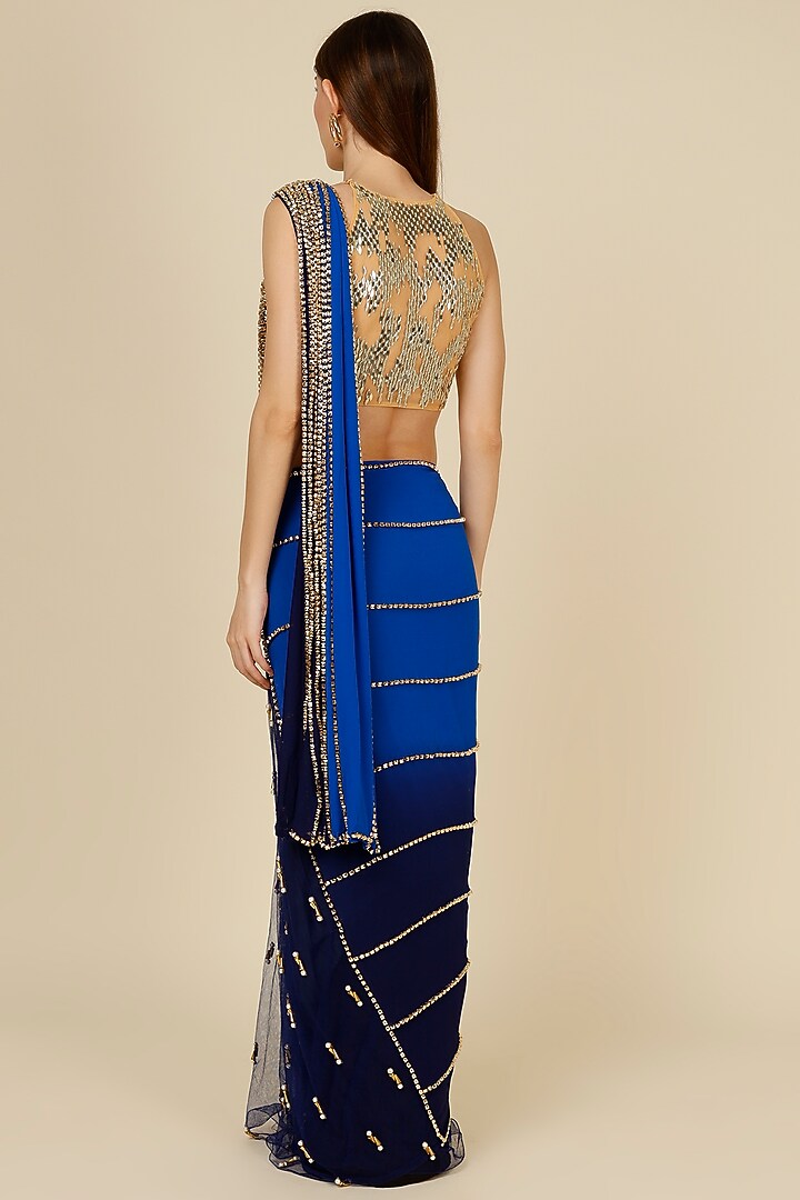 Electric Blue Pre-Stitched Reception Saree Set With Embellishment by Papa Don't Preach by Shubhika at Pernia's Pop Up Shop