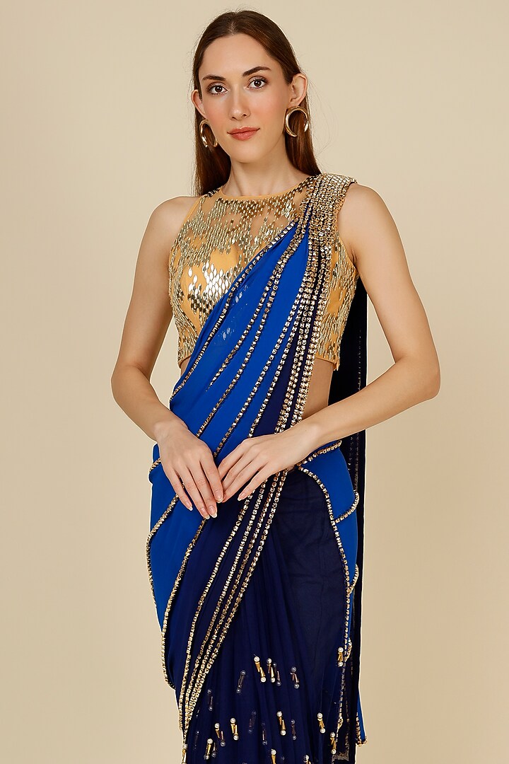 Electric Blue Pre-Stitched Reception Saree Set With Embellishment by Papa Don't Preach by Shubhika at Pernia's Pop Up Shop