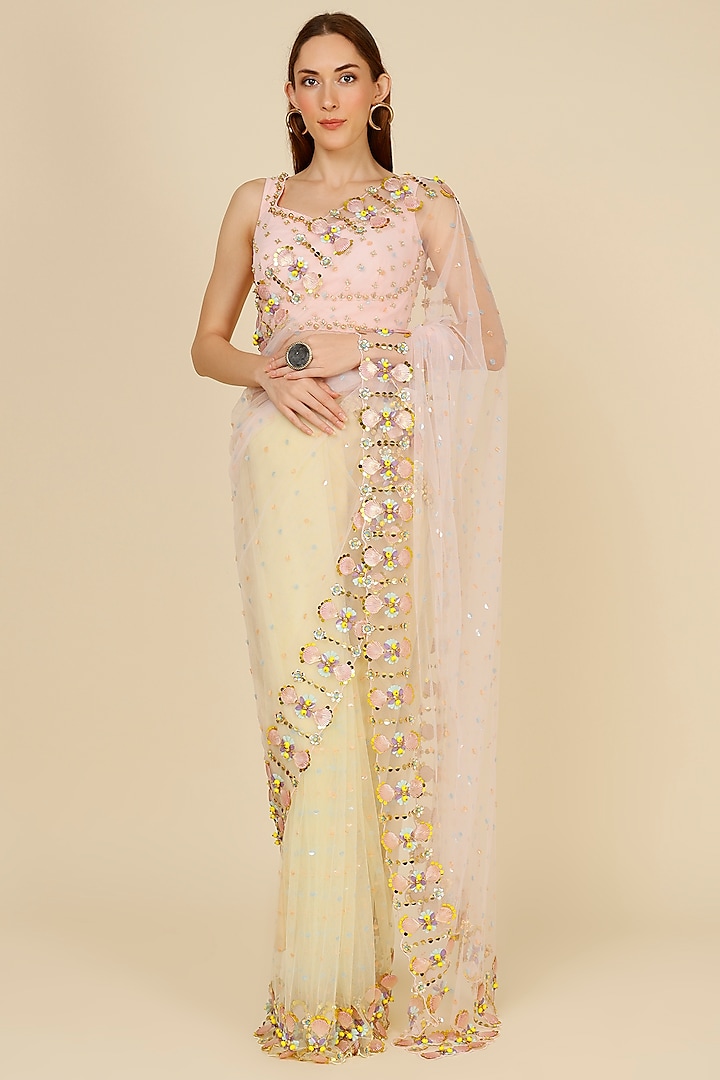 Baby Pink Embroidered Saree Set by Papa Don't Preach by Shubhika
