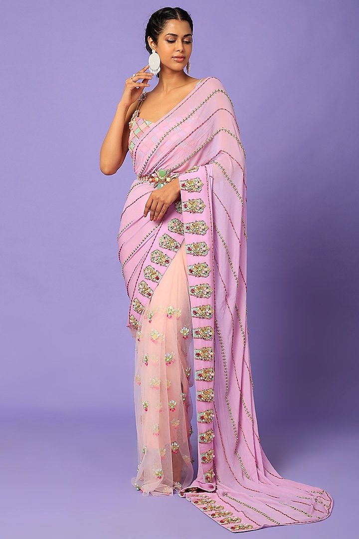 Blush Pink Embellished Pre-Stitched Saree Set by Papa Don't Preach by Shubhika