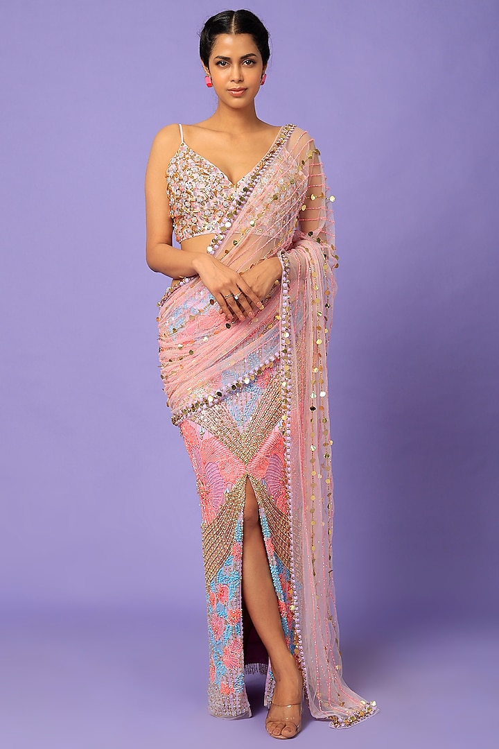 Blush Pink Tulle Sequins Embellished Pre-Stitched Saree Set by Papa Don't Preach by Shubhika