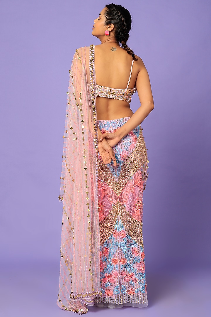 Blush Pink Tulle Sequins Embellished Pre-Stitched Bridal Saree Set by Papa Don't Preach by Shubhika at Pernia's Pop Up Shop