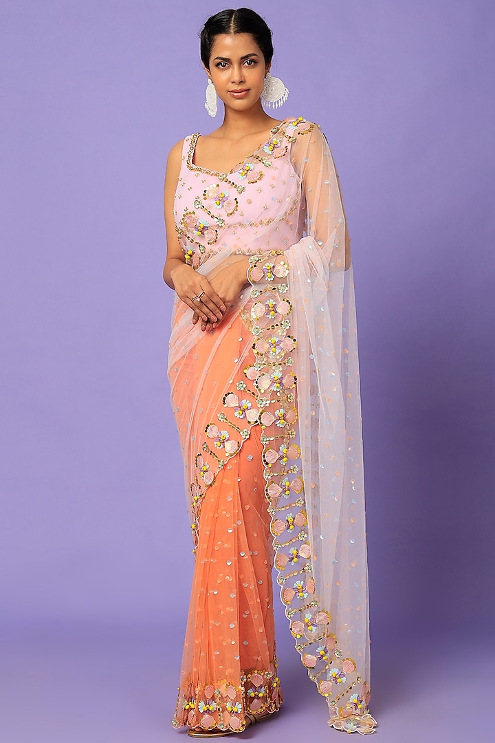 Baby Pink Embroidered Saree Set by Papa Don't Preach by Shubhika