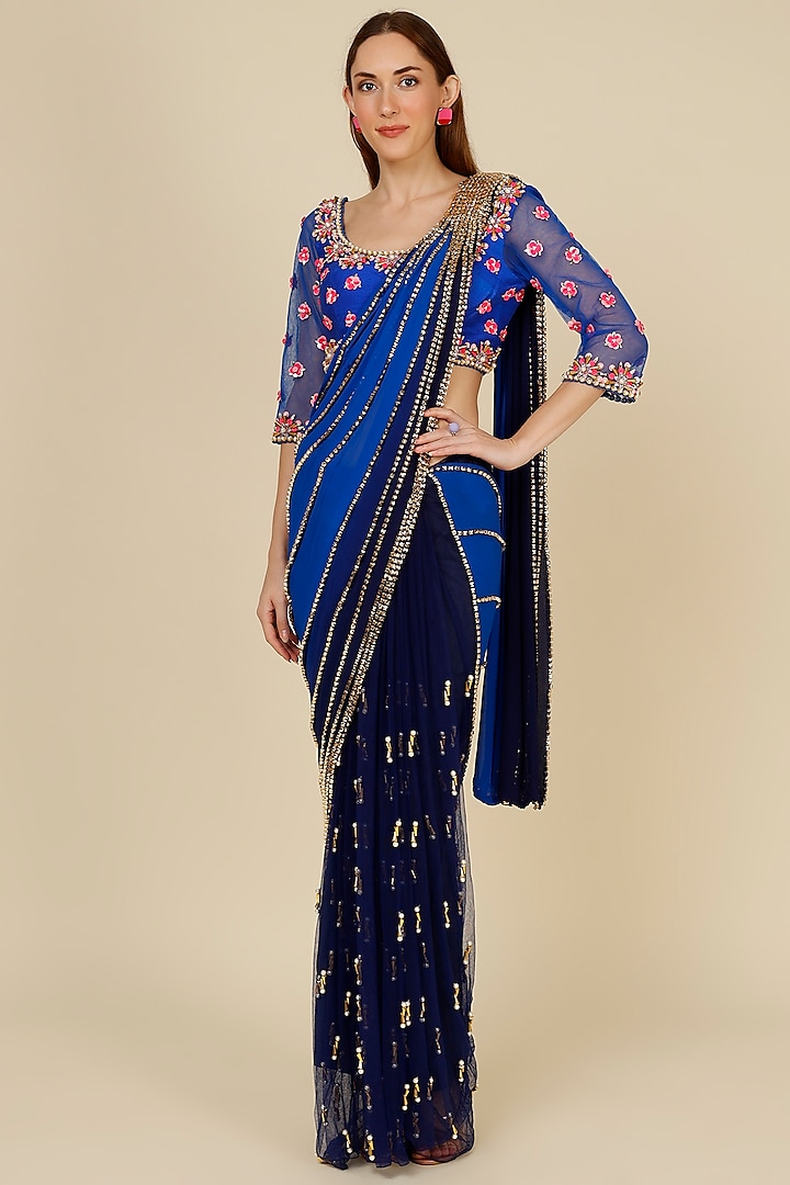 Electric Blue Tulle Embellished Pre-Stitched Saree Set Design by Papa ...