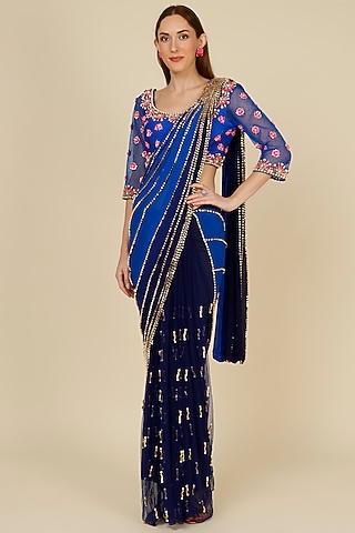 Electric Blue Tulle Embellished Pre-Stitched Saree Set by Papa Don't Preach by Shubhika