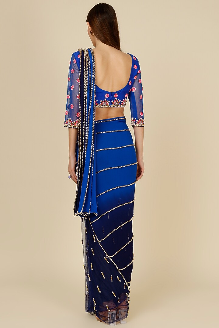 Electric Blue Tulle Embellished Pre-Stitched Reception Saree Set by Papa Don't Preach by Shubhika at Pernia's Pop Up Shop