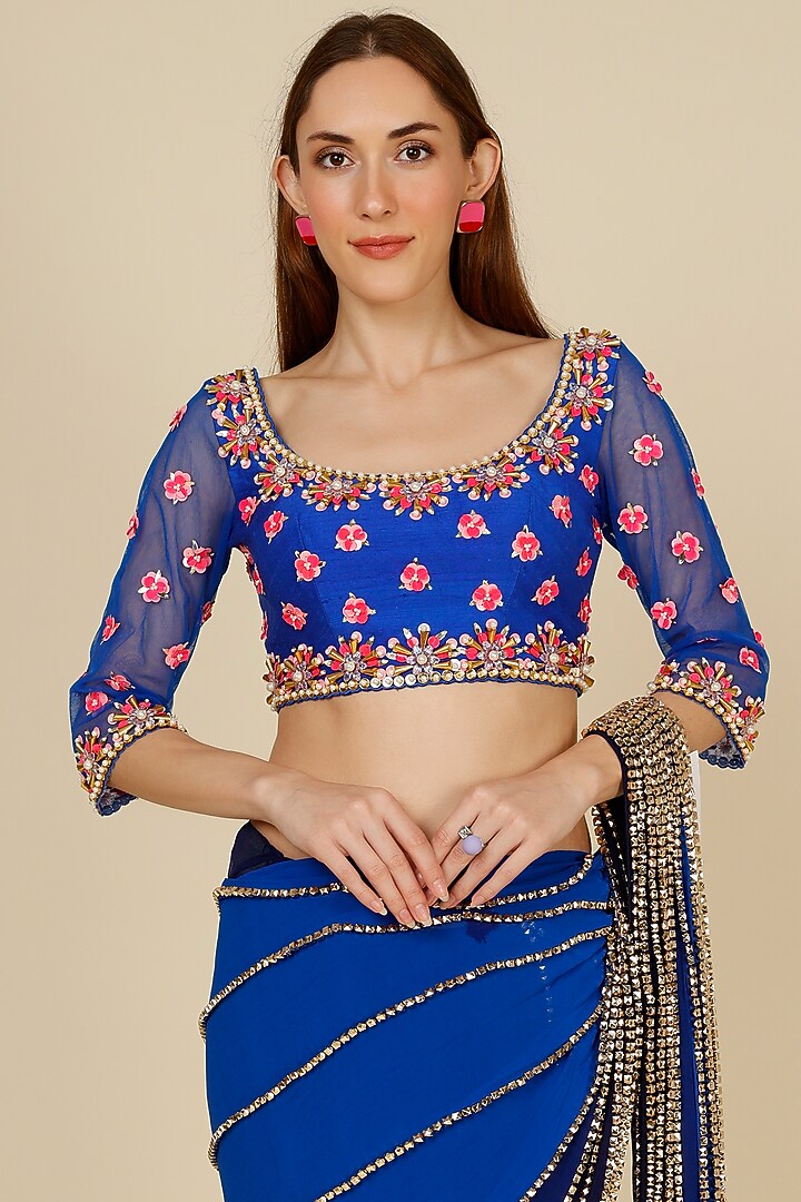 Electric Blue Tulle Embellished Pre-Stitched Reception Saree Set by Papa Don't Preach by Shubhika at Pernia's Pop Up Shop