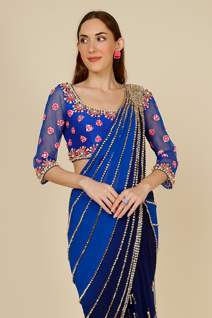 Electric Blue Tulle Embellished Pre-Stitched Reception Saree Set by Papa Don't Preach by Shubhika at Pernia's Pop Up Shop