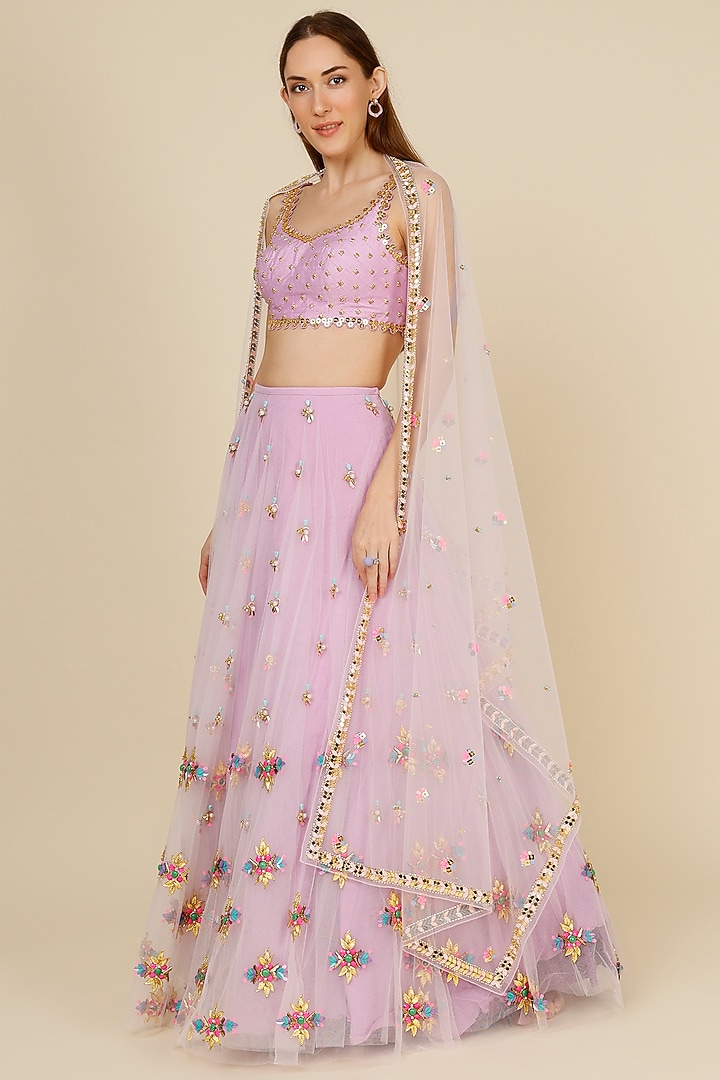 Lilac Embroidered Bridal Lehenga Set by Papa Don't Preach by Shubhika at Pernia's Pop Up Shop