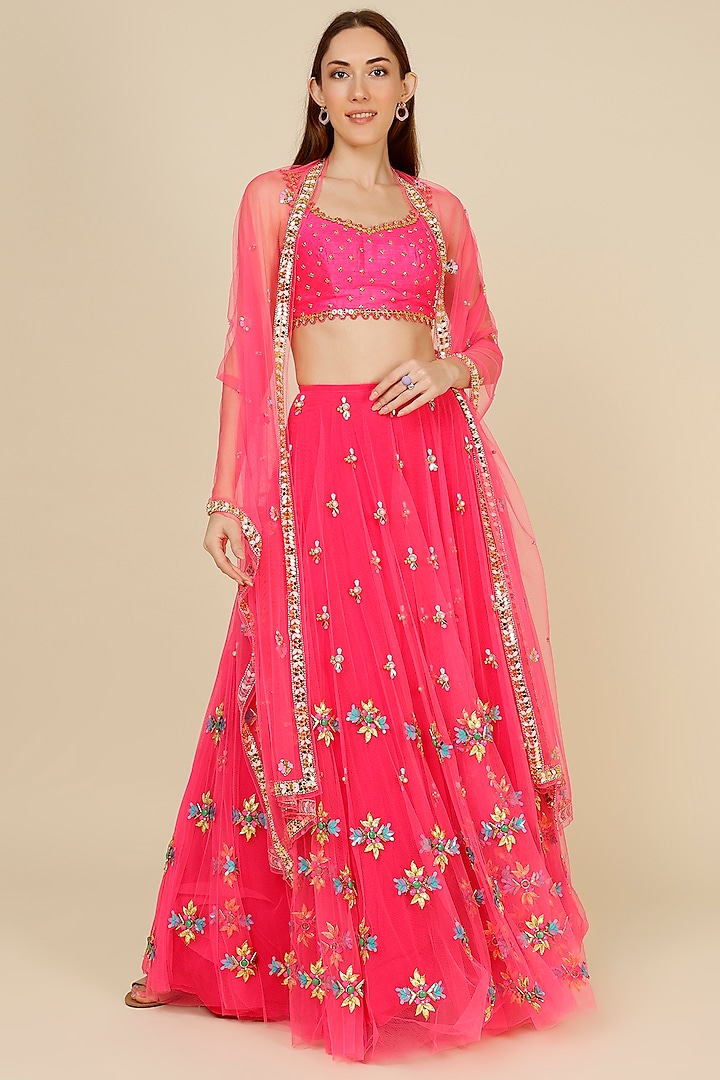 Fuchsia Pink Embroidered Lehenga Set by Papa Don't Preach by Shubhika