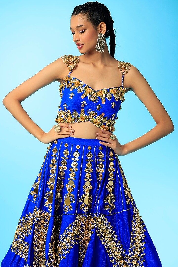 Electric Blue Embroidered Bridal Lehenga Set by Papa Don't Preach by Shubhika at Pernia's Pop Up Shop