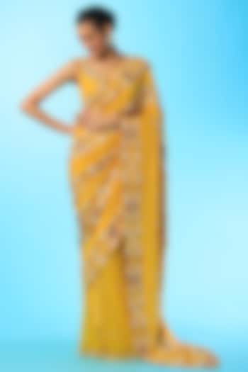 Yellow Embellished Pre-Stitched Saree Set by Papa Don't Preach by Shubhika