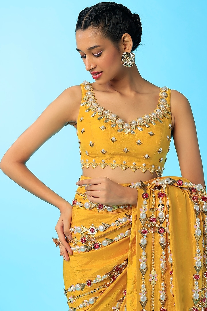Yellow Embellished Pre-Stitched Bridal Saree Set by Papa Don't Preach by Shubhika at Pernia's Pop Up Shop