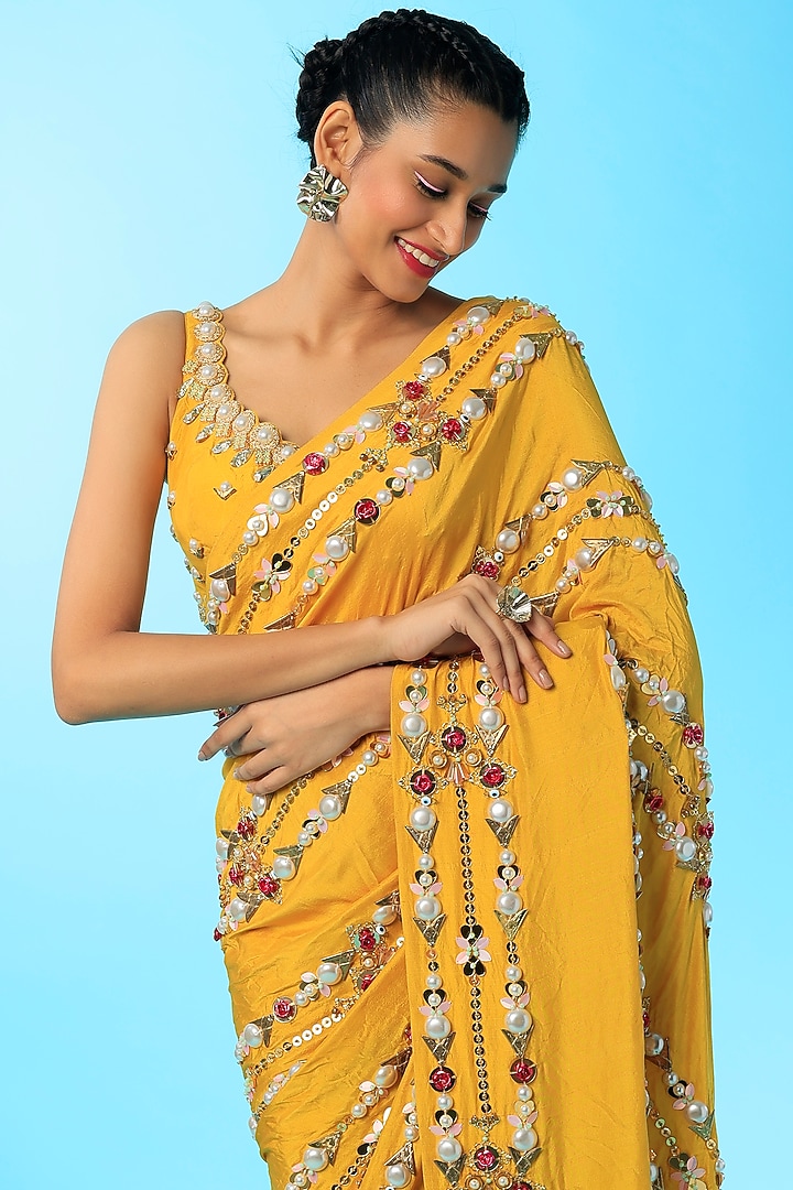 Yellow Embellished Pre-Stitched Bridal Saree Set by Papa Don't Preach by Shubhika at Pernia's Pop Up Shop