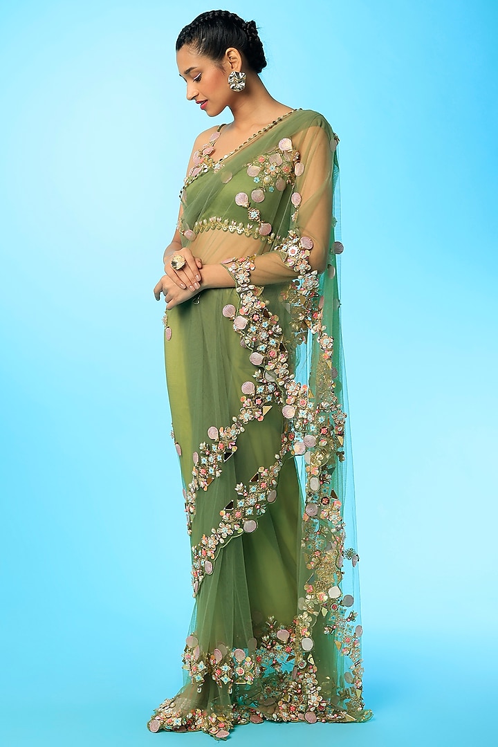 Green Embroidered Pre-Stitched Saree Set  by Papa Don't Preach by Shubhika
