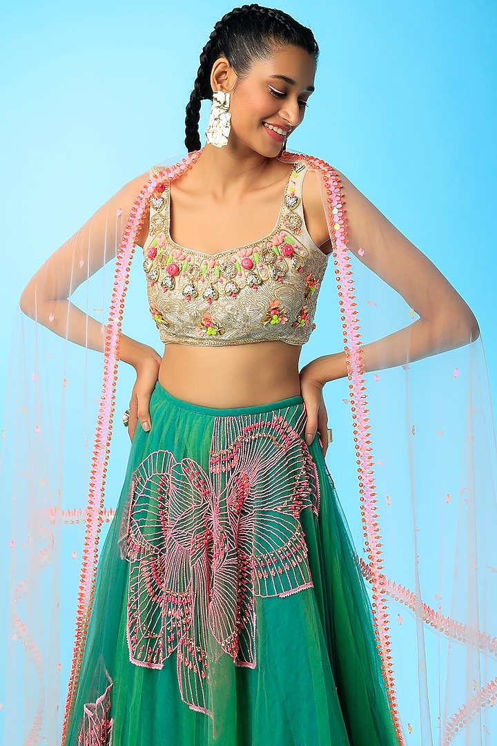 Green Embellished Bridal Lehenga Set by Papa Don't Preach by Shubhika at Pernia's Pop Up Shop