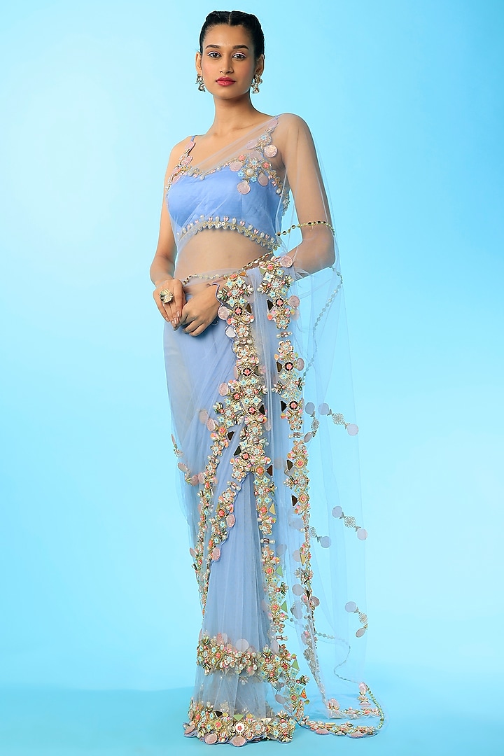 Blue Embroidered Pre-Stitched Saree Set by Papa Don't Preach by Shubhika at Pernia's Pop Up Shop