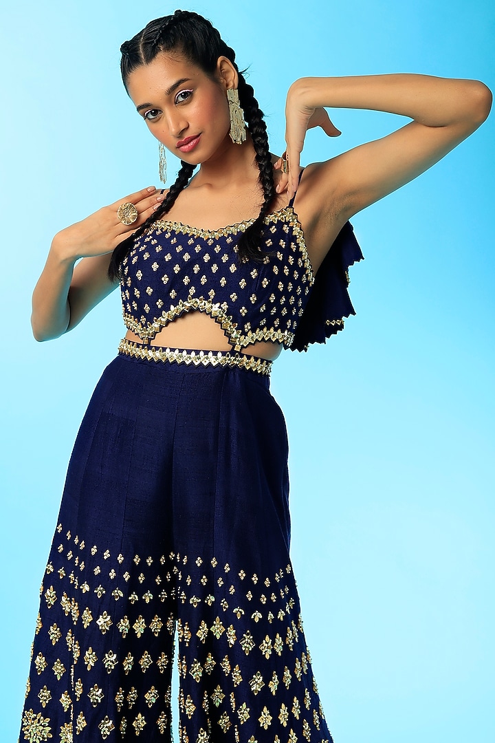 Blue Embroidered Jumpsuit by Papa Don't Preach by Shubhika at Pernia's Pop Up Shop