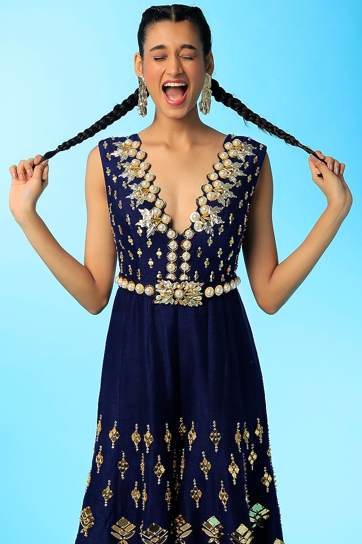 Midnight Blue Embroidered Jumpsuit by Papa Don't Preach by Shubhika at Pernia's Pop Up Shop
