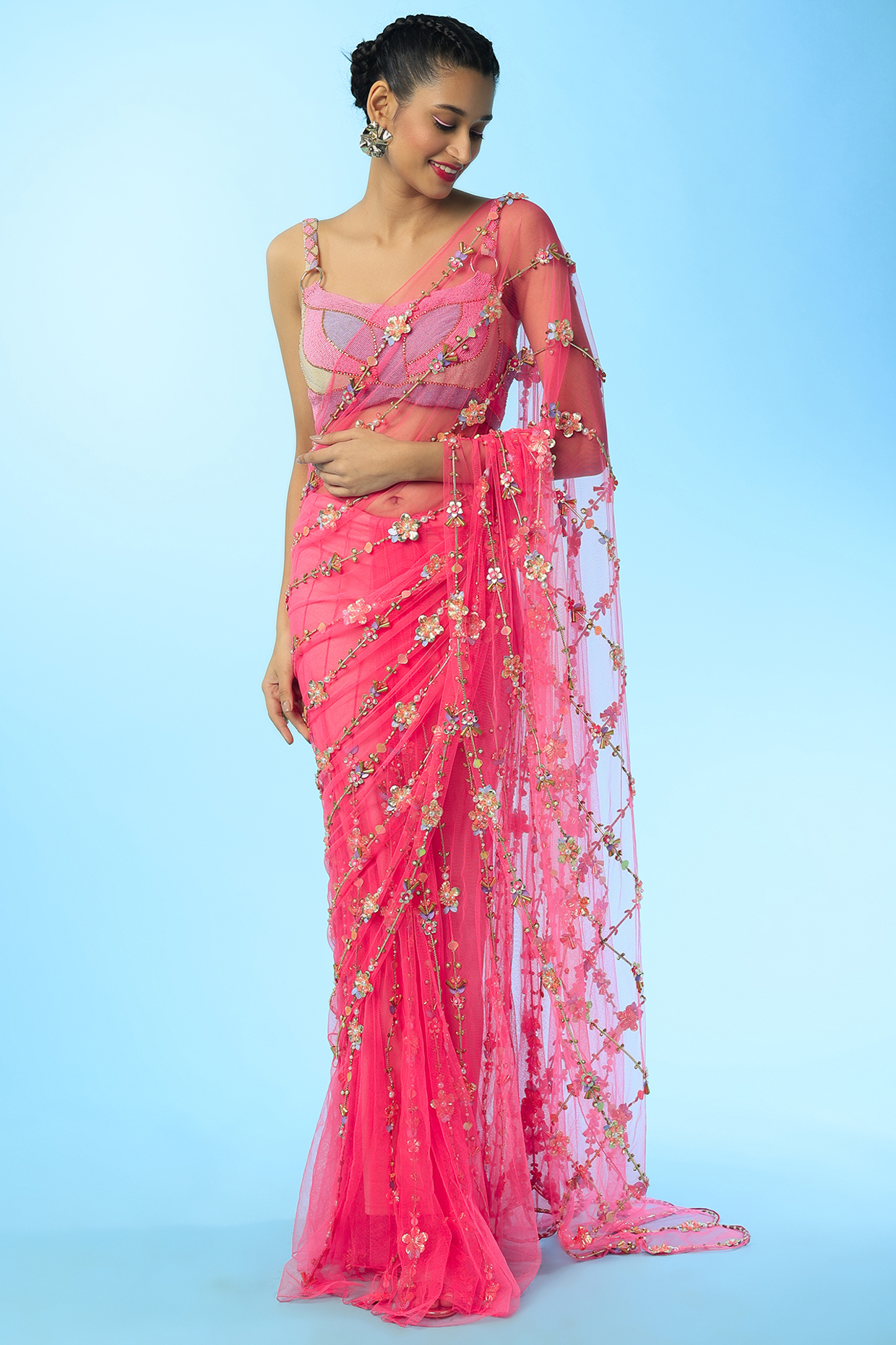 Fuchsia Embroidered Pre-Stitched Saree Set by Papa Don't Preach by Shubhika at Pernia's Pop Up Shop