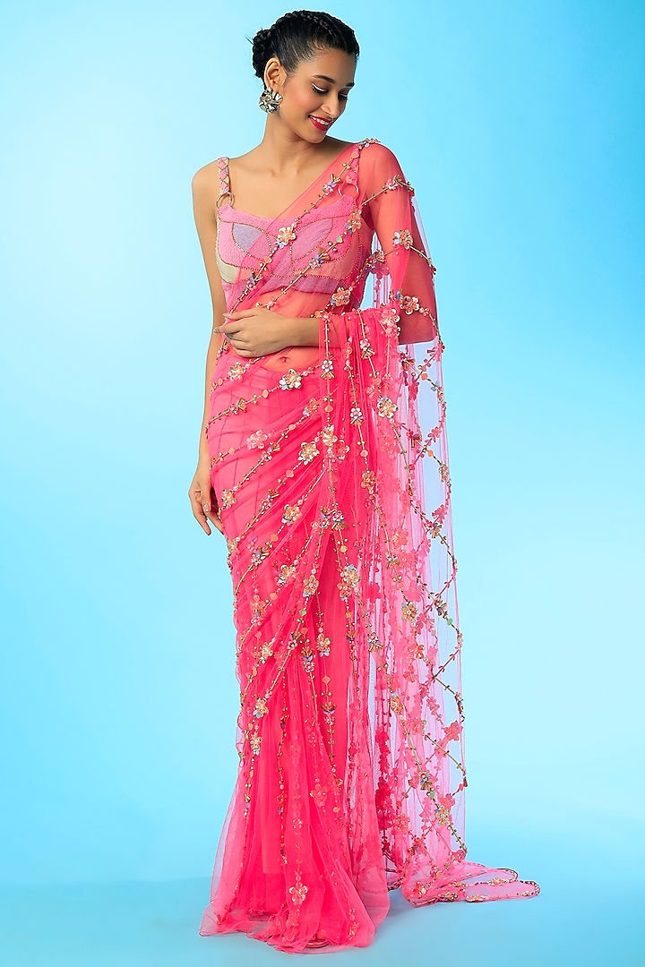 Fuchsia Embroidered Pre-Stitched Saree Set by Papa Don't Preach by Shubhika