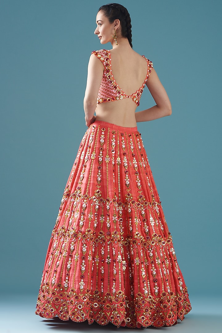 Peach Raw Silk Bridal Lehenga Set by Papa Don't Preach by Shubhika at Pernia's Pop Up Shop