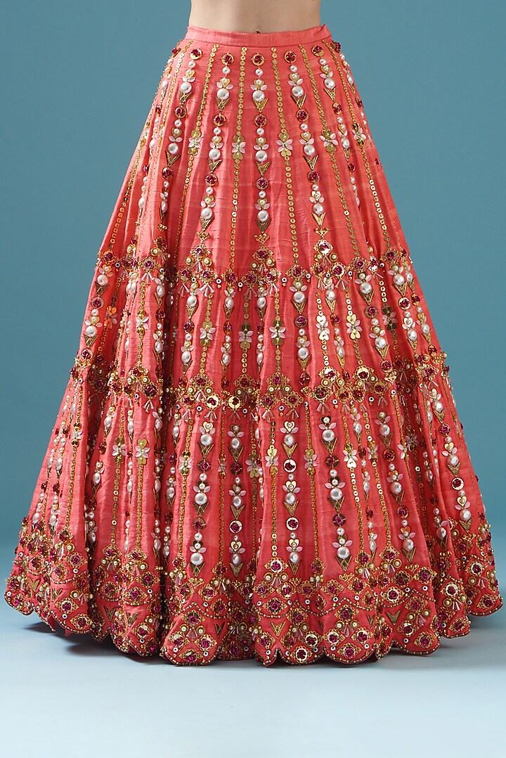 Peach Raw Silk Bridal Lehenga Set by Papa Don't Preach by Shubhika at Pernia's Pop Up Shop