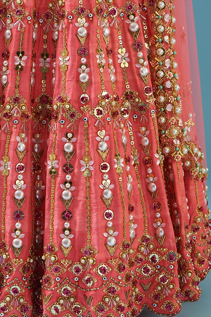 Peach Raw Silk Bridal Lehenga Set by Papa Don't Preach by Shubhika at Pernia's Pop Up Shop