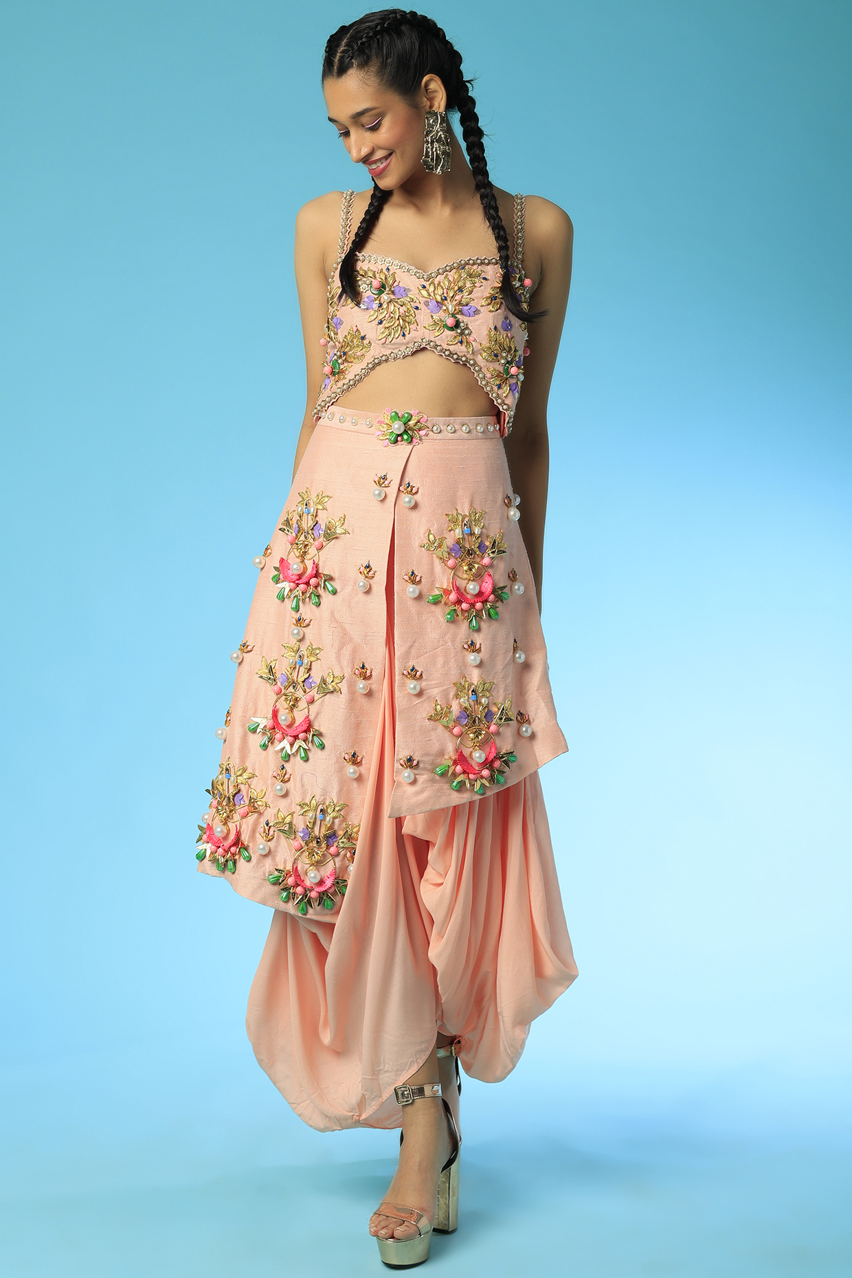 Peach Embellished Dhoti Jumpsuit by Papa Don't Preach by Shubhika at Pernia's Pop Up Shop