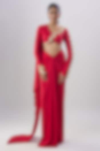 Red Lycra Draped Reception Gown Saree Set by Papa Don't Preach by Shubhika at Pernia's Pop Up Shop
