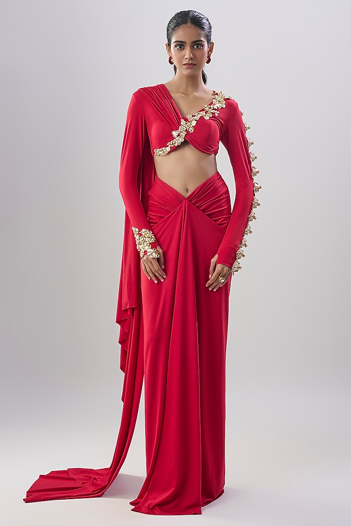 Red Lycra Draped Reception Gown Saree Set by Papa Don't Preach by Shubhika at Pernia's Pop Up Shop