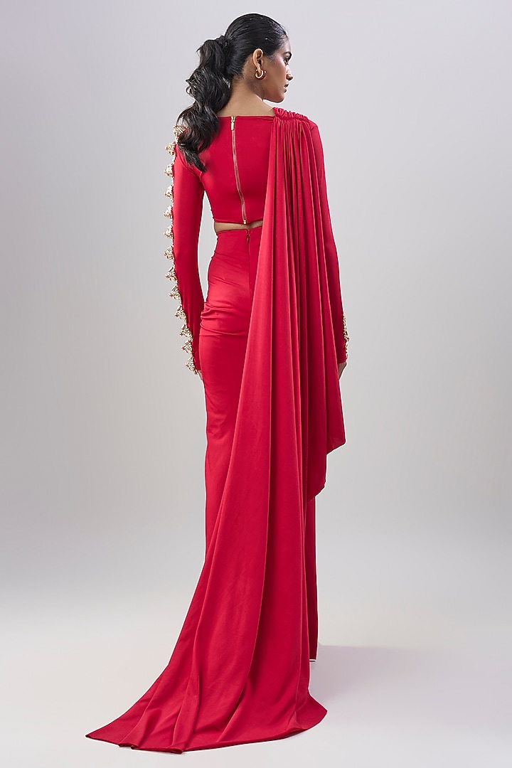 Red Lycra Draped Reception Gown Saree Set by Papa Don't Preach by Shubhika at Pernia's Pop Up Shop