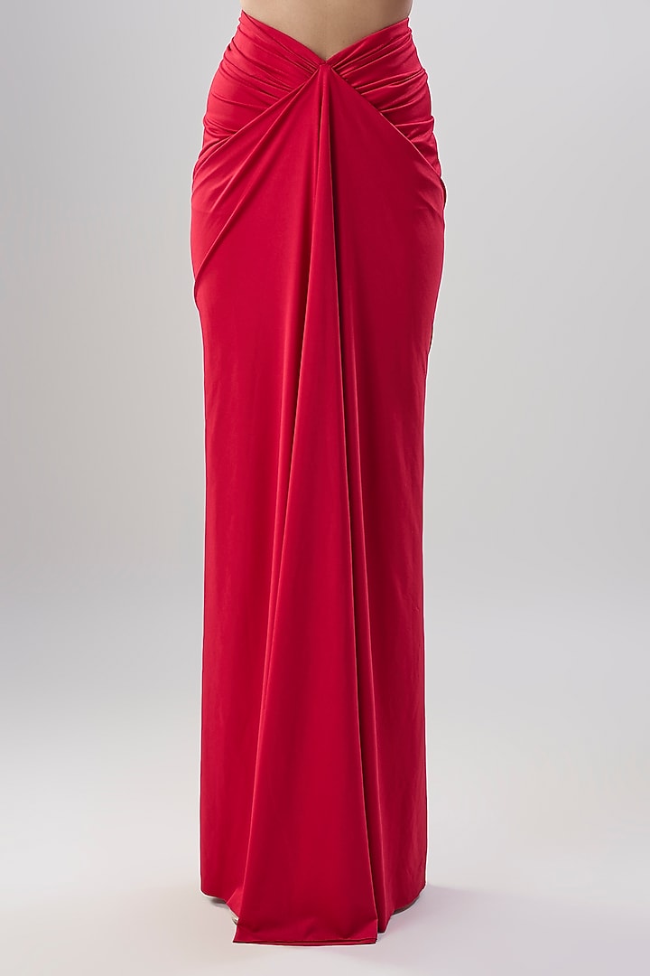 Red Lycra Draped Reception Gown Saree Set by Papa Don't Preach by Shubhika at Pernia's Pop Up Shop