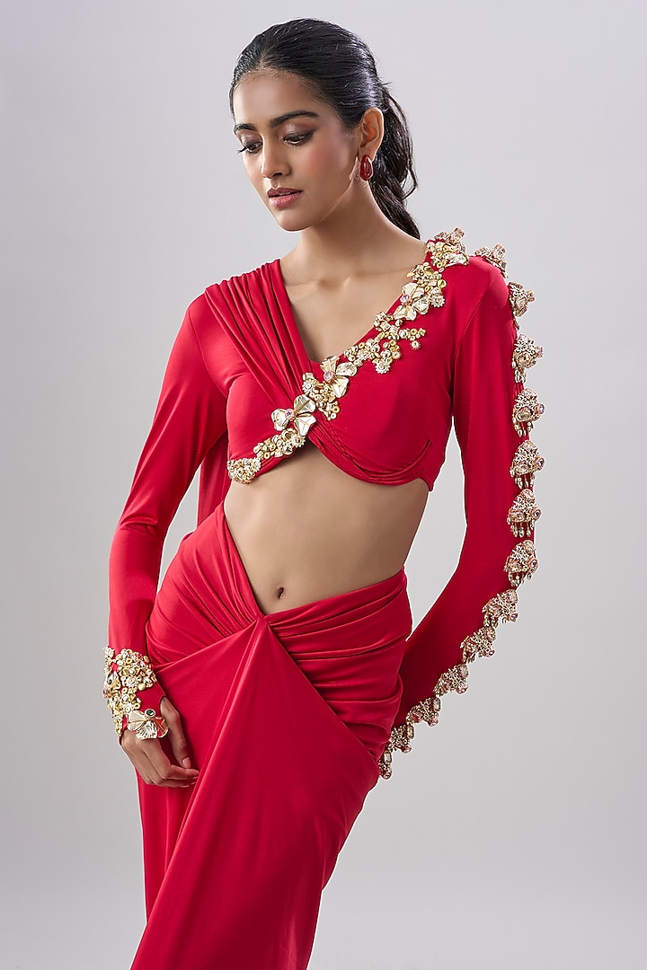 Red Lycra Draped Reception Gown Saree Set by Papa Don't Preach by Shubhika at Pernia's Pop Up Shop