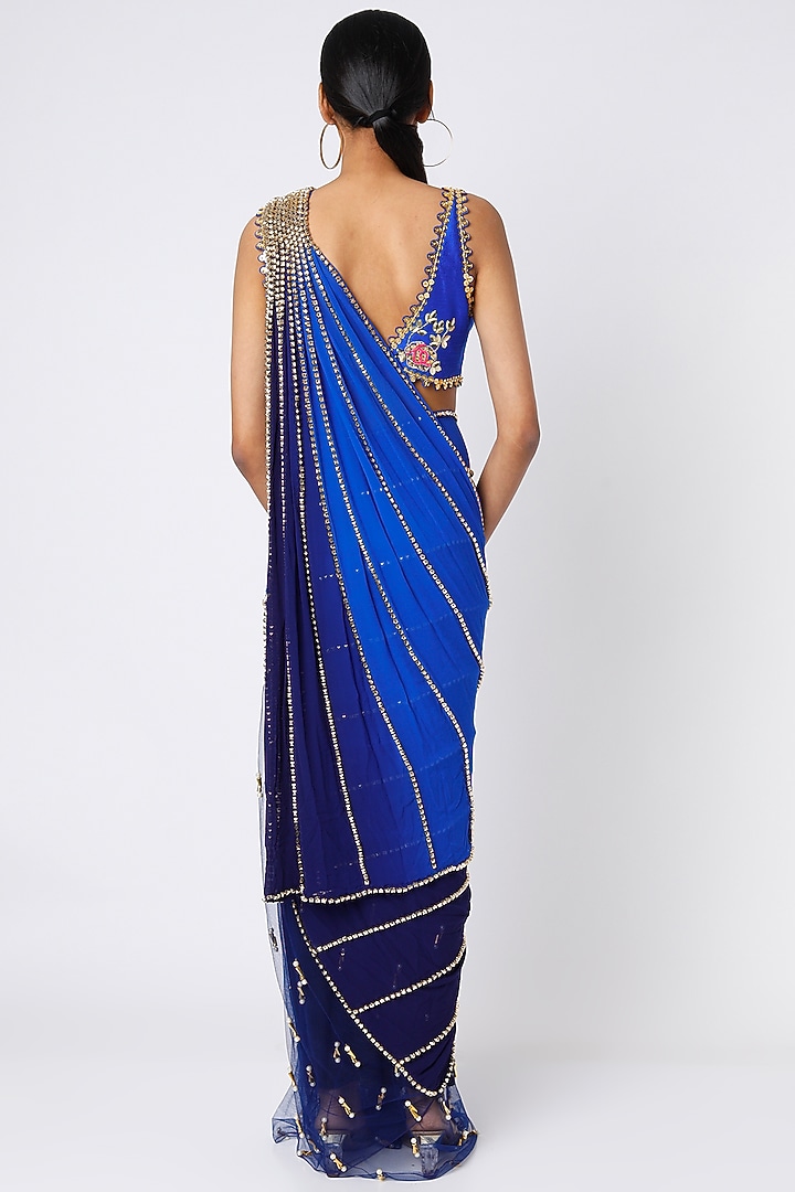 Electric Blue Georgette Pre-Stitched Reception Saree Set  by Papa Don't Preach by Shubhika at Pernia's Pop Up Shop