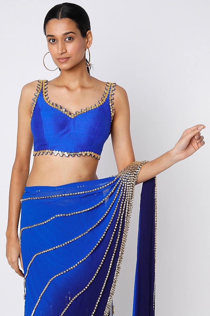 Electric Blue Georgette Pre-Stitched Reception Saree Set  by Papa Don't Preach by Shubhika at Pernia's Pop Up Shop