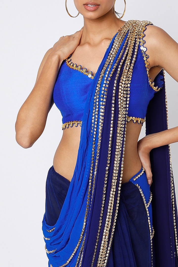 Electric Blue Georgette Pre-Stitched Reception Saree Set  by Papa Don't Preach by Shubhika at Pernia's Pop Up Shop