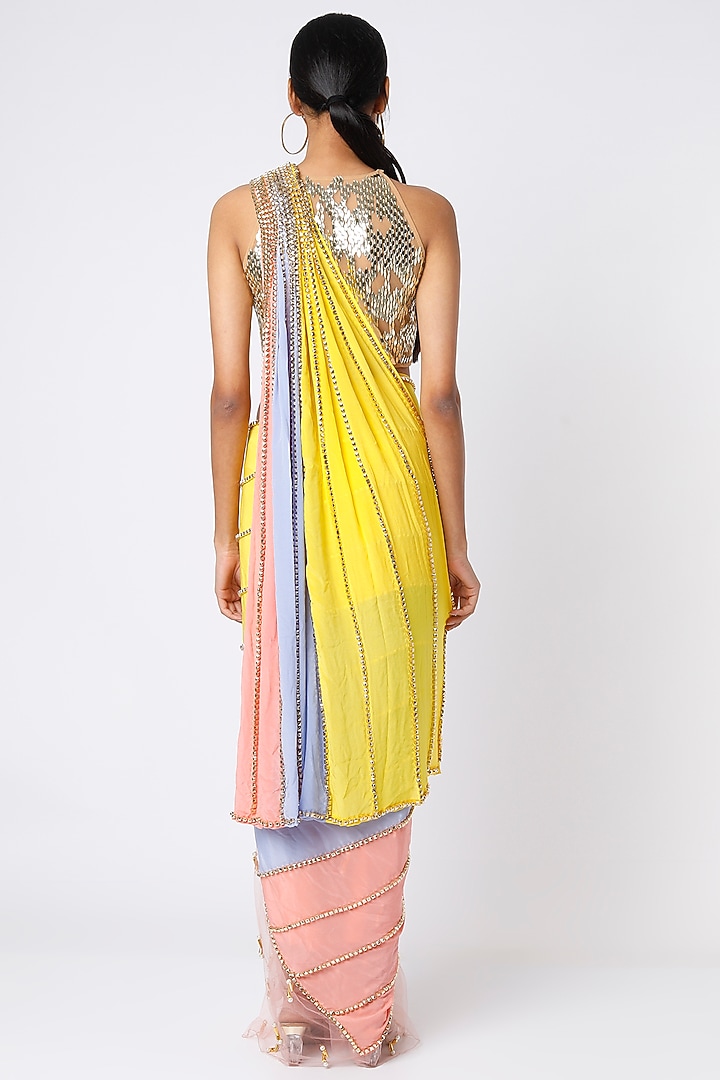 Multi-Colored Georgette & Tulle Embroidered Pre-Stitched Reception Saree Set by Papa Don't Preach by Shubhika at Pernia's Pop Up Shop