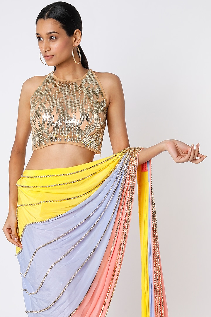 Multi-Colored Georgette & Tulle Embroidered Pre-Stitched Reception Saree Set by Papa Don't Preach by Shubhika at Pernia's Pop Up Shop