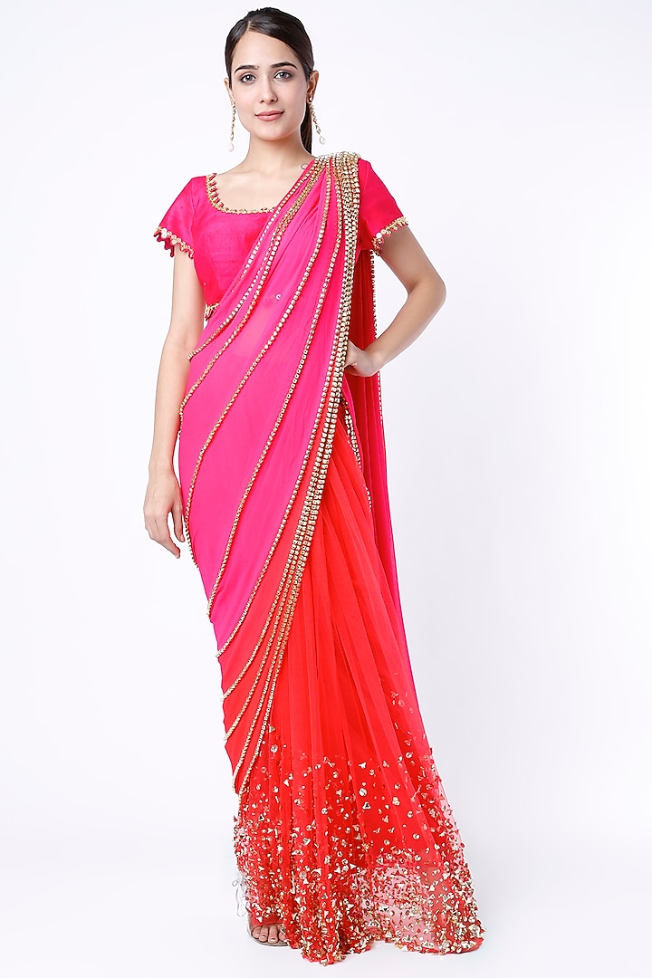 Red Shaded Embroidered Pre-Stitched Saree Set by Papa Don't Preach by Shubhika